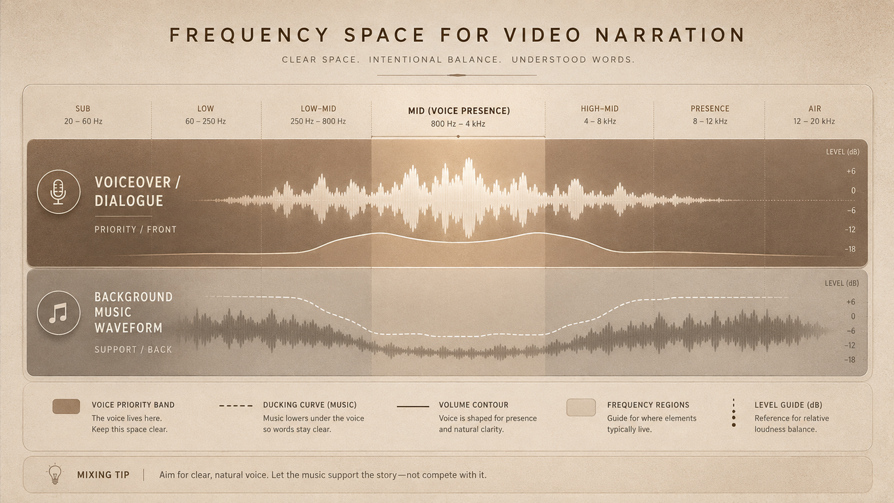 Audio mixing guide showing frequency bands from Sub to Air, highlighting the Mid 800Hz–4kHz Voice Presence range with ducking curves and volume contours to keep voiceover clear above background music.