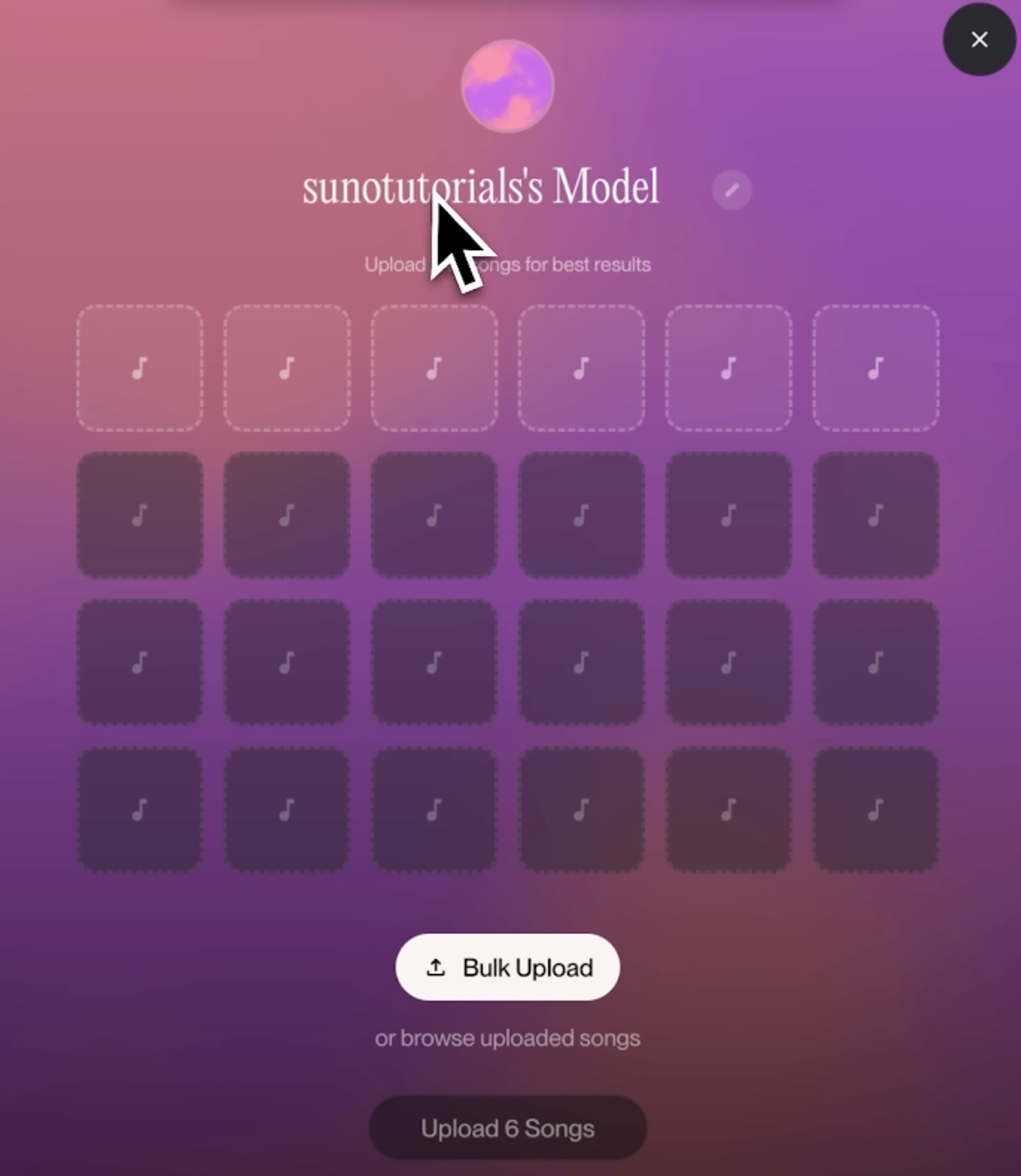 Interface for uploading initial audio files and selecting up to six songs to begin training suno v5.5 custom models.