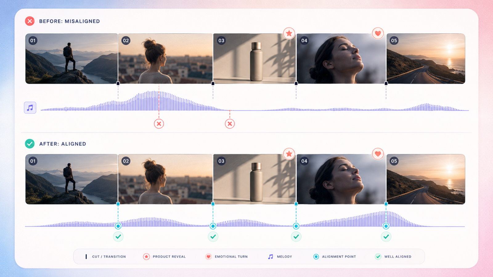 A before-and-after comparison on how to write better melodies that align with video transitions, product reveals, and emotional turns.