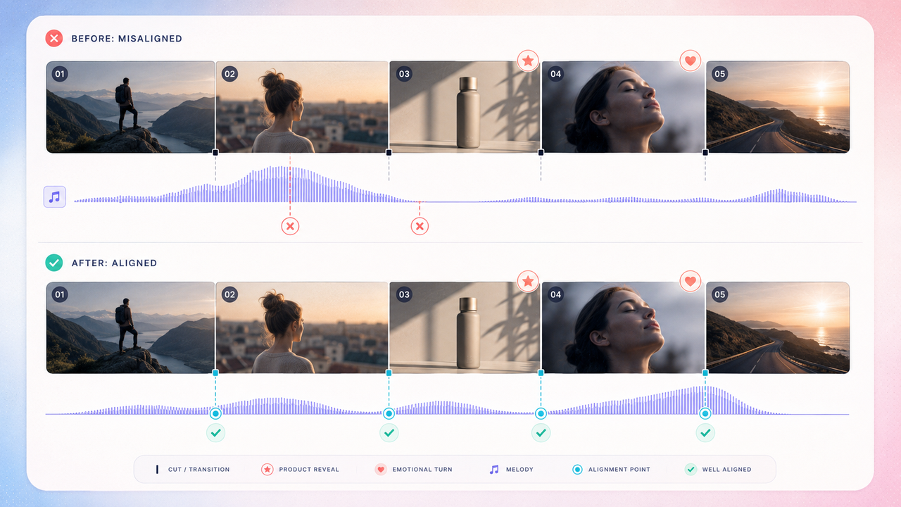 A before-and-after comparison on how to write better melodies that align with video transitions, product reveals, and emotional turns.