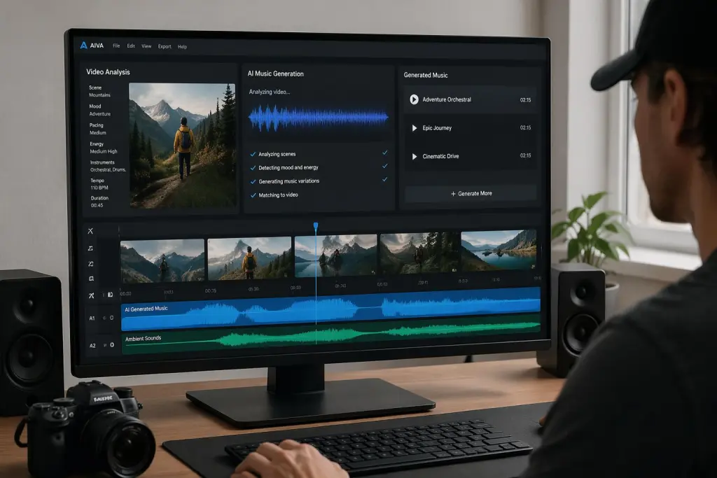 Editor analyzing voice cloning vs AI soundtrack capabilities on a monitor to generate a cinematic audio track.