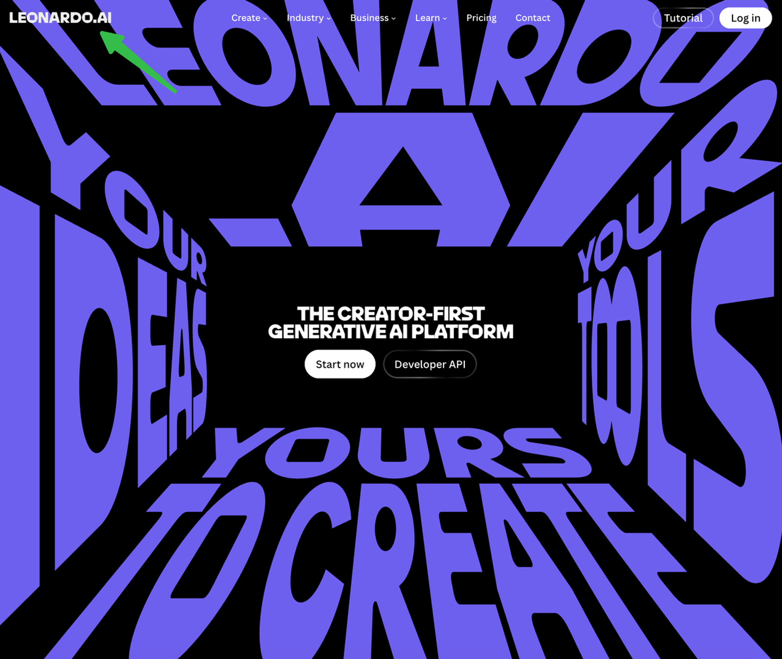 高品質な画像やテクスチャを生成できるAIゲームアセット生成ツール「Leonardo.ai」の公式サイトトップページ画像です。クリエイター向けの生成AIプラットフォームとして、ゲーム開発のアイデアを素早く形にすることができます。