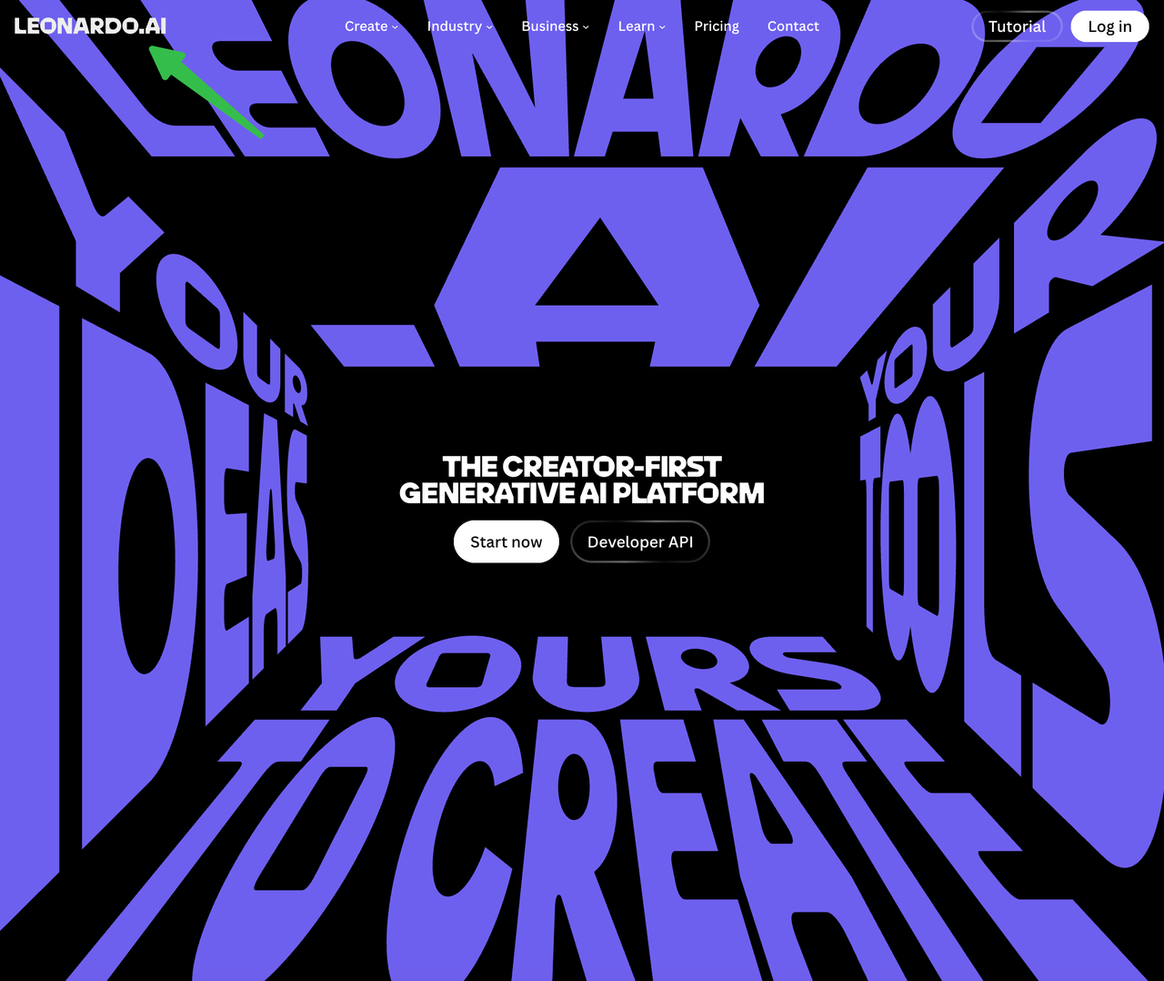 高品質な画像やテクスチャを生成できるAIゲームアセット生成ツール「Leonardo.ai」の公式サイトトップページ画像です。クリエイター向けの生成AIプラットフォームとして、ゲーム開発のアイデアを素早く形にすることができます。