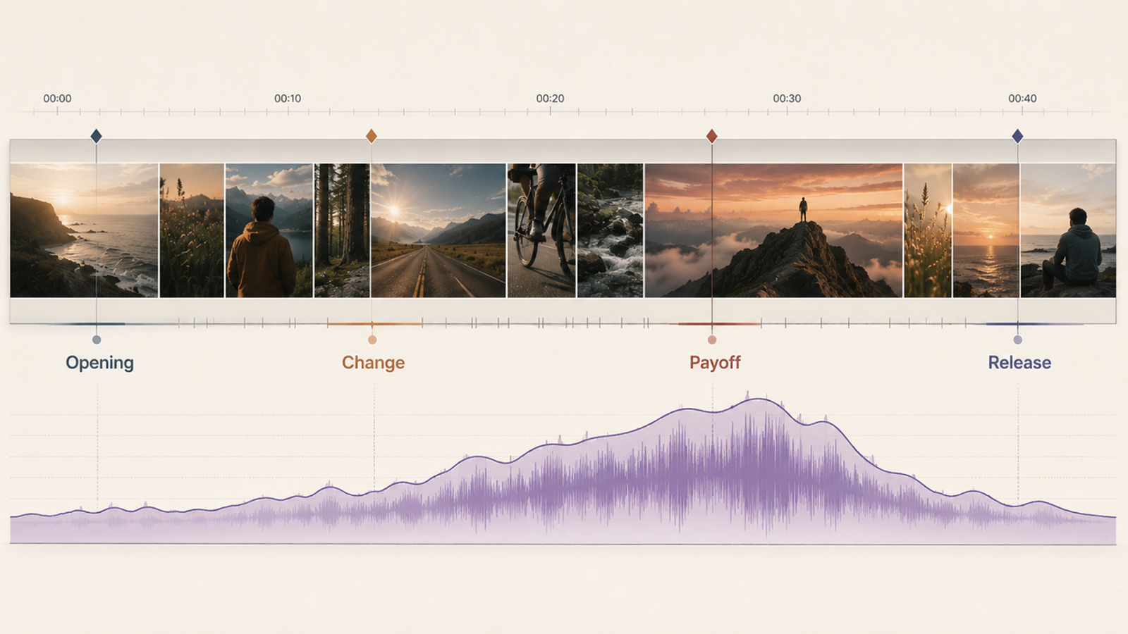 Video timeline chart explaining dynamic mood shifts in the best ai generated music 2027 for video storytelling.