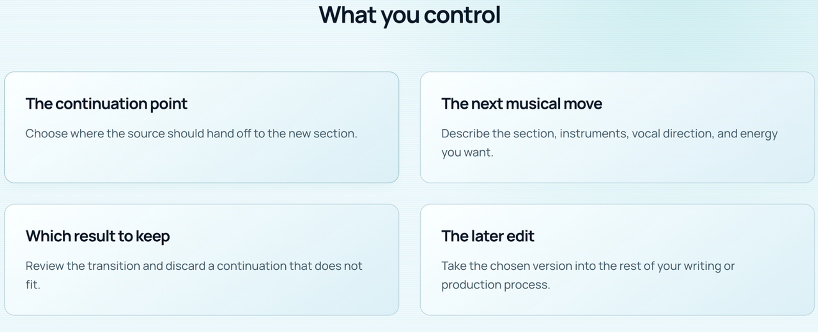 Discover what editing features you can control during sonauto ai music generation, from continuation points to moves.