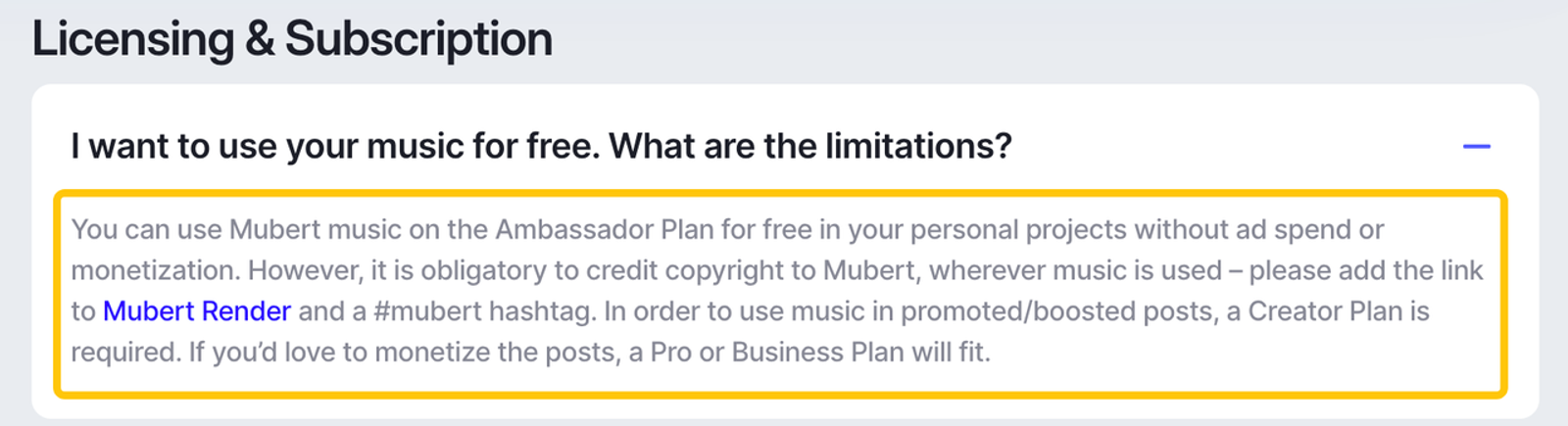 This mubert ai review covers licensing rules, including how to use the free Ambassador plan for personal projects.