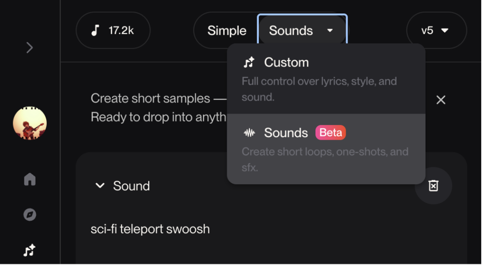 Exploring the custom sounds beta menu as part of the Suno vs ACE Studio analysis for generating short audio loops.