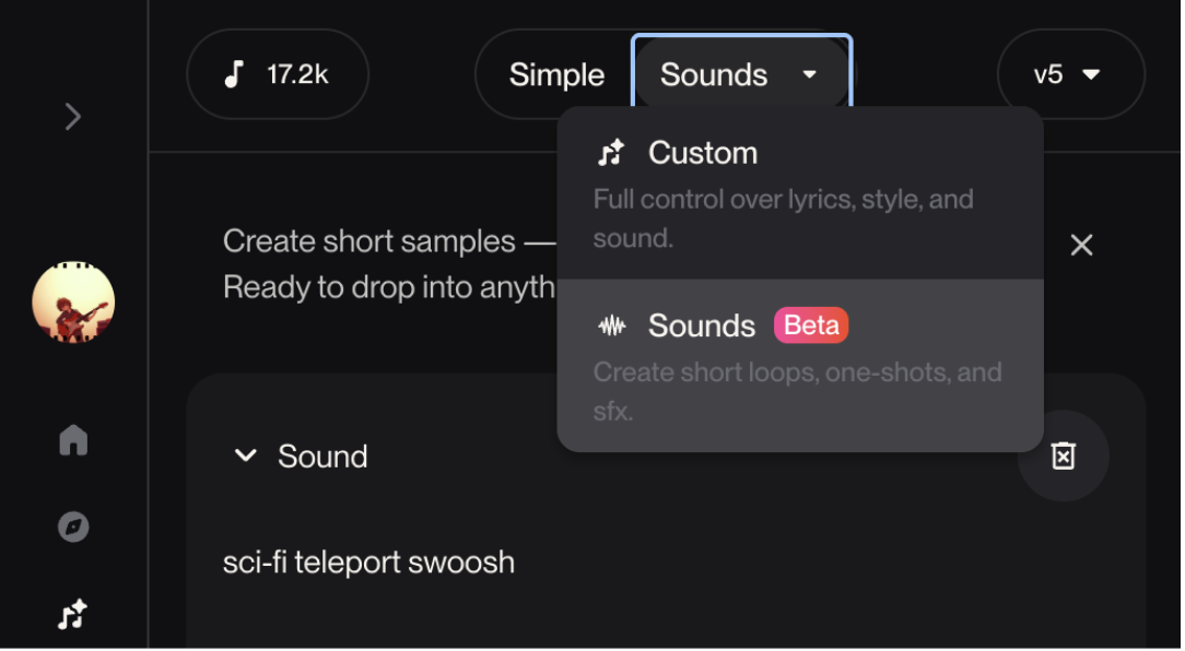 Exploring the custom sounds beta menu as part of the Suno vs ACE Studio analysis for generating short audio loops.