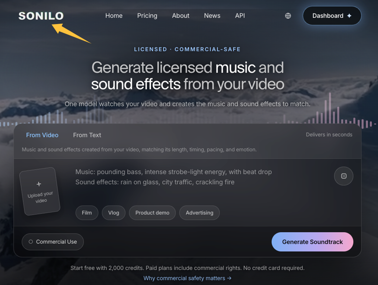 Sonilo interface, highlighting its spot among the best AI music generators for games by scoring via video.