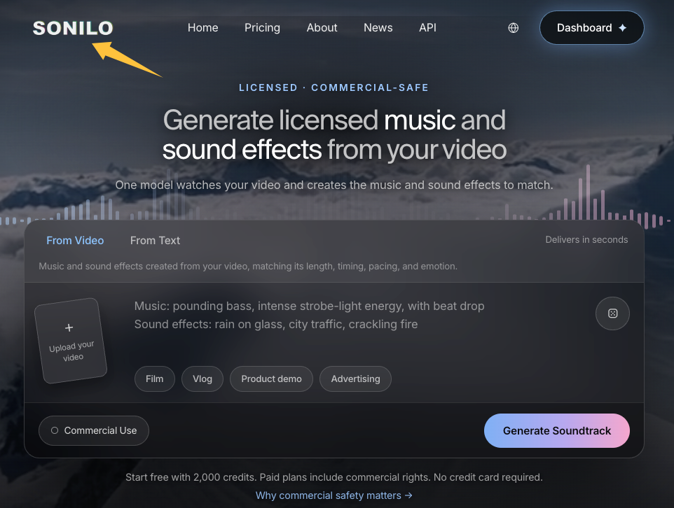 Sonilo interface, highlighting its spot among the best AI music generators for games by scoring via video.