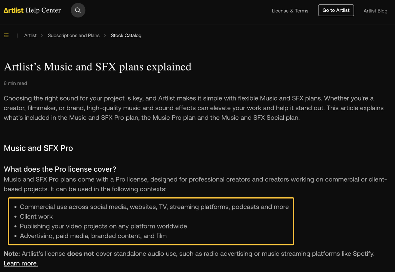 Reviewing Artlist music and SFX pro license terms before exploring artlist alternatives.