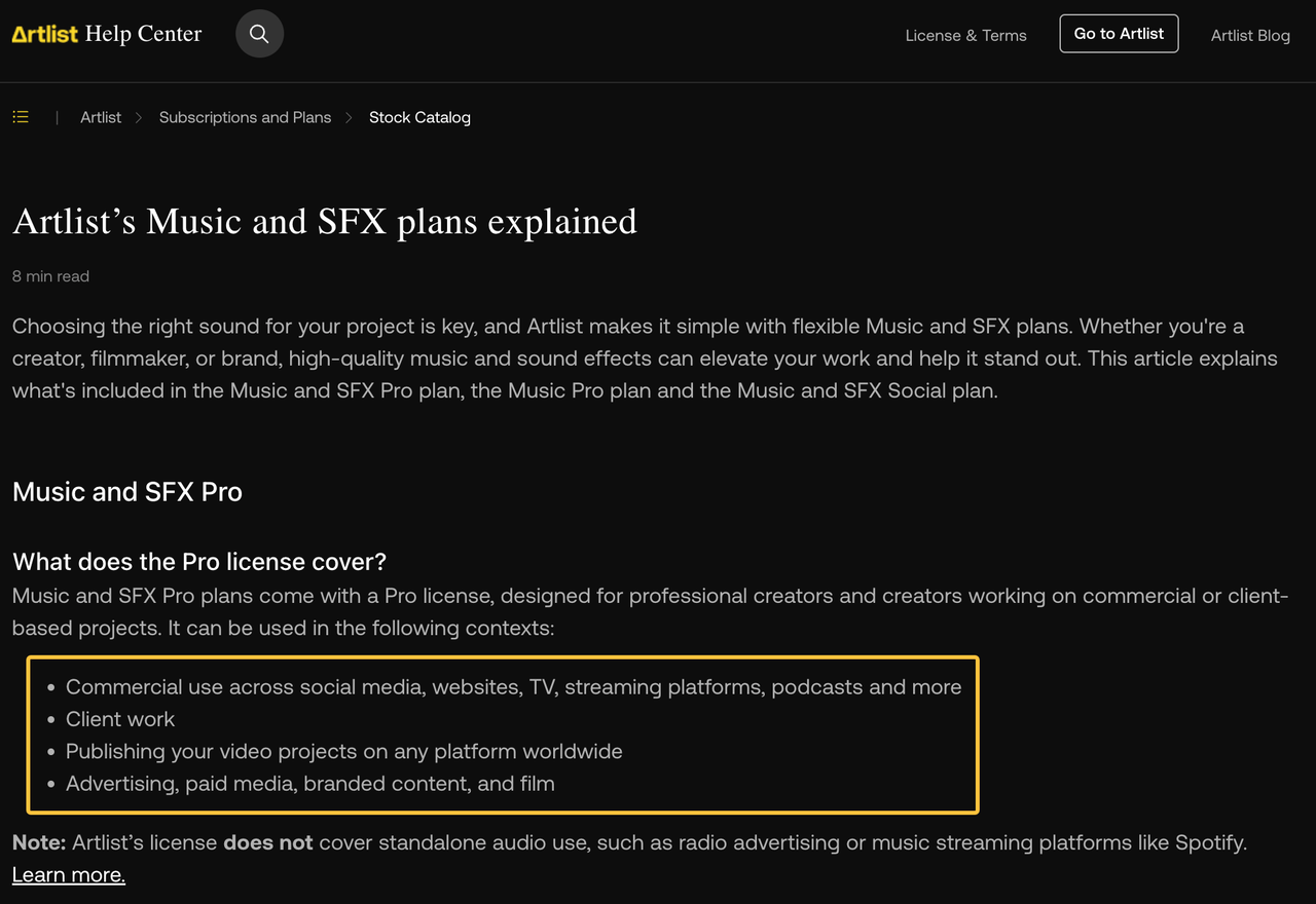 Reviewing Artlist music and SFX pro license terms before exploring artlist alternatives.