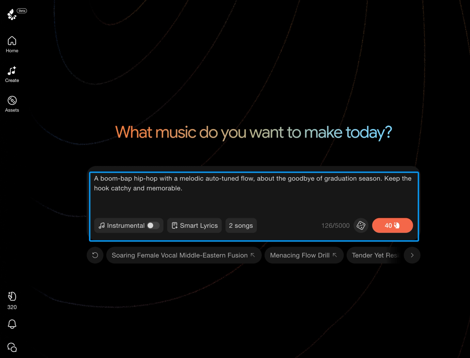 HappyShrimp review: deep dive into the detailed text-to-music description feature in dark mode.