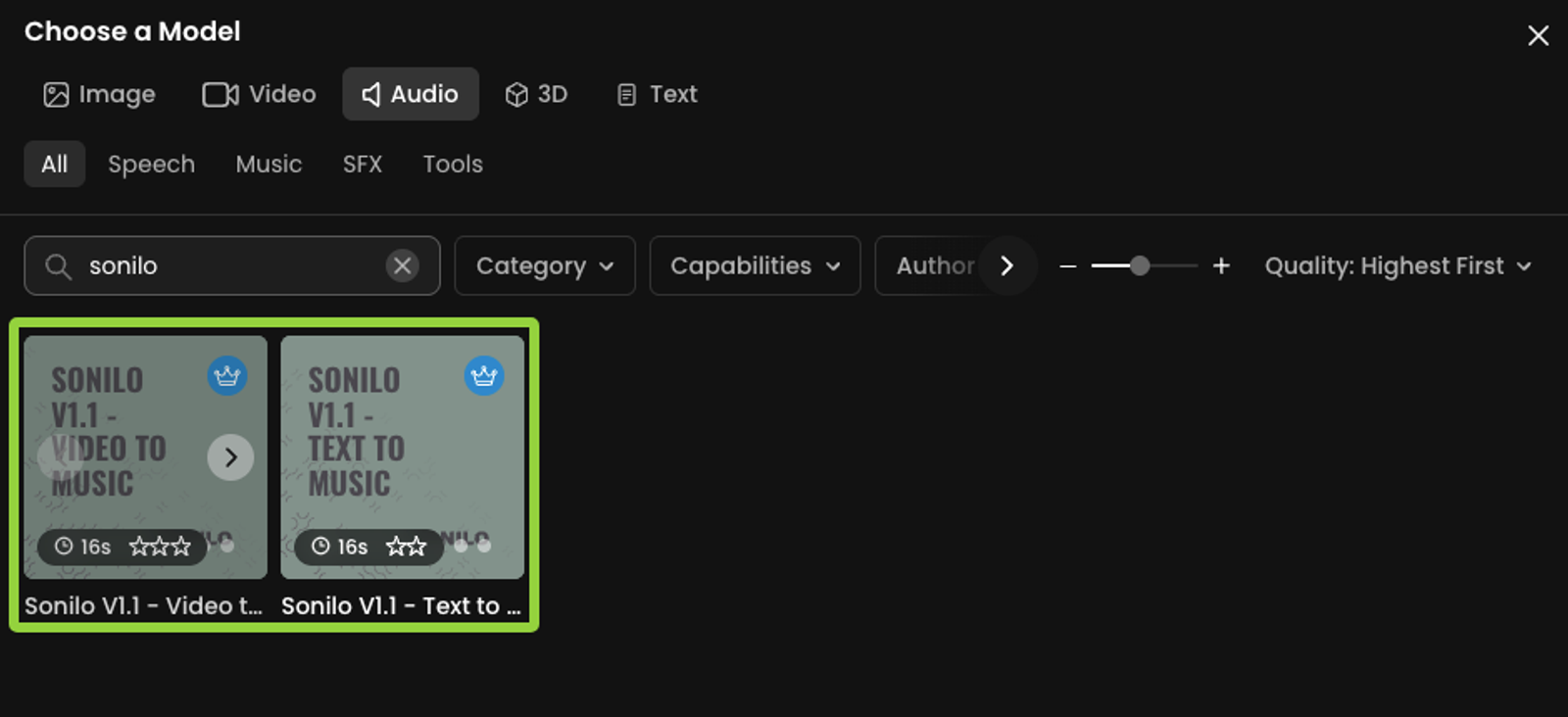 Sonilo is partnering with Scenario. Sonilo V1.1 - Video to Music and Sonilo V1.1 - Text to Music models displayed in Scenario’s model selection interface.