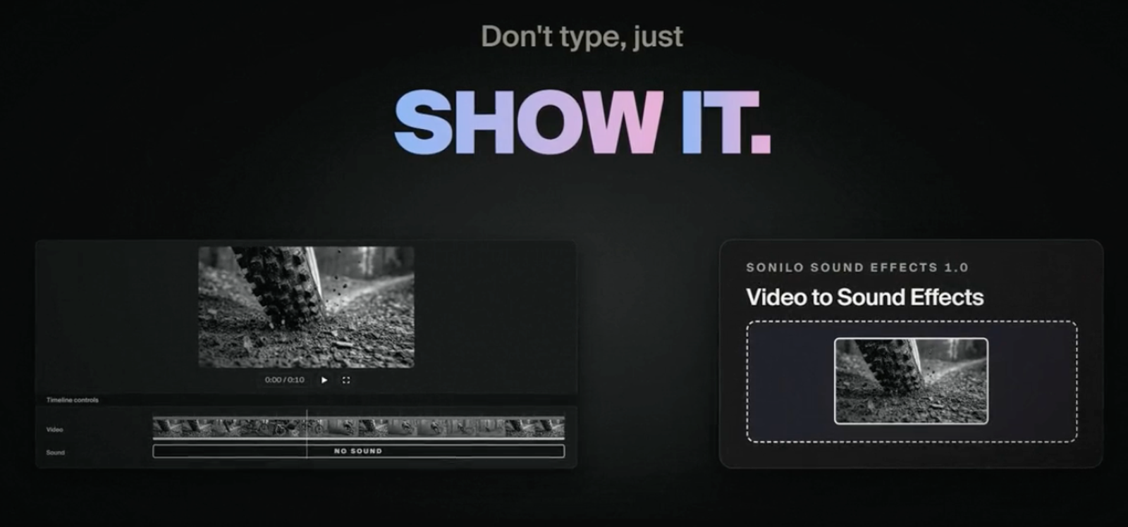 Ferramenta visual do Sonilo para adicionar efeitos sonoros ao vídeo com IA sem digitar texto.