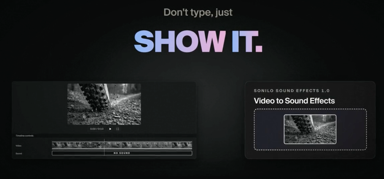 Ferramenta visual do Sonilo para adicionar efeitos sonoros ao vídeo com IA sem digitar texto.