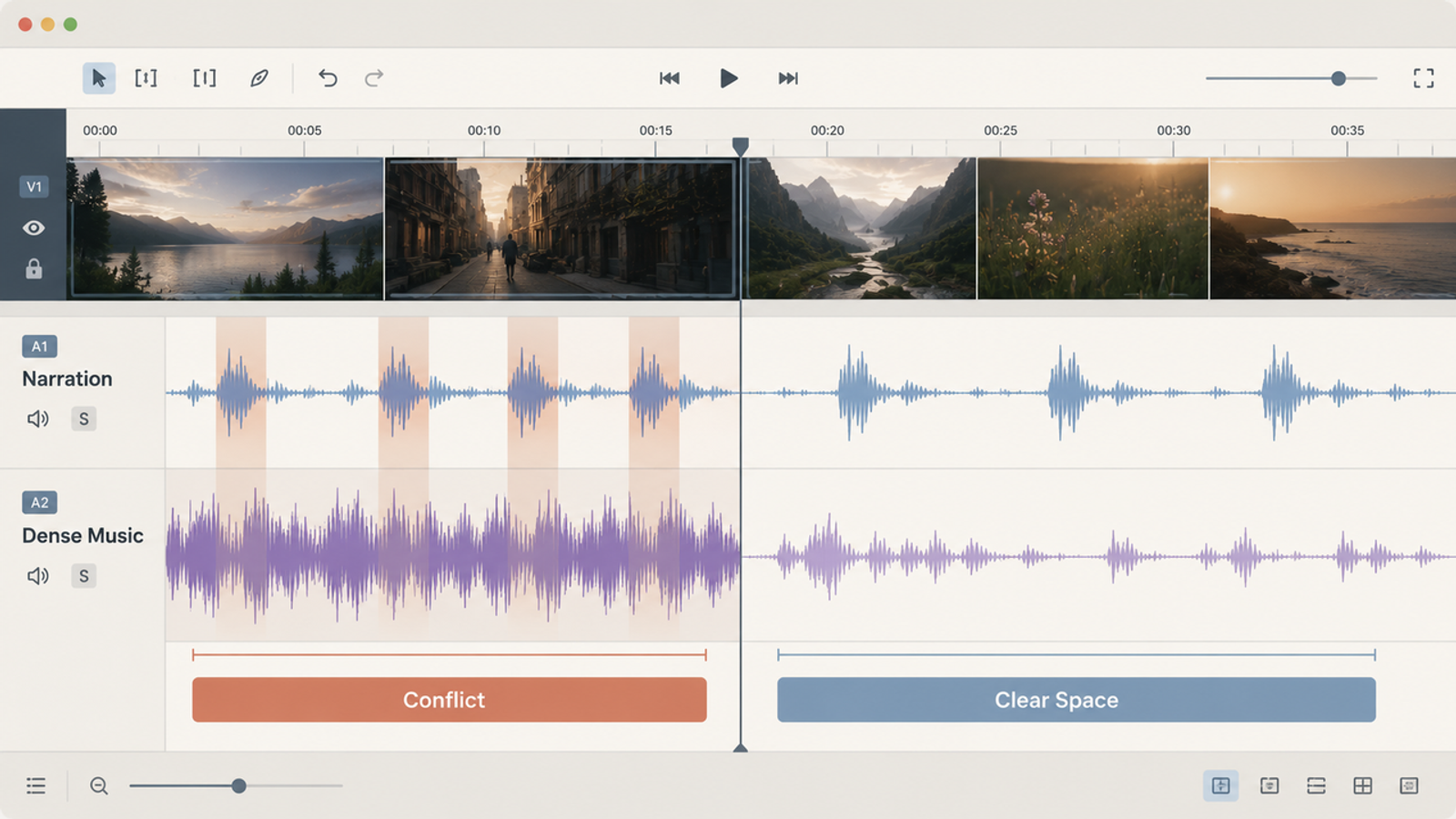 Video editor timeline showing how the best ai generated music 2027 avoids conflict with narration audio.