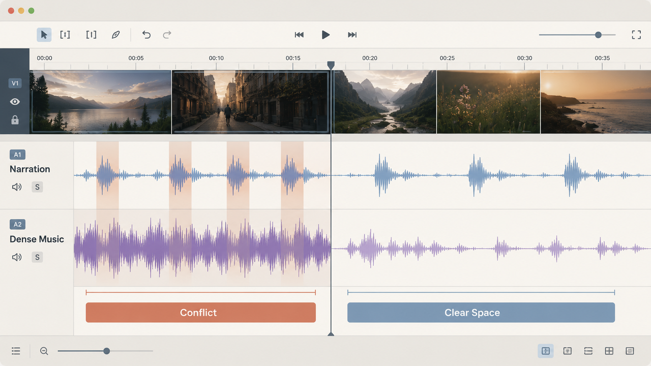 Video editor timeline showing how the best ai generated music 2027 avoids conflict with narration audio.