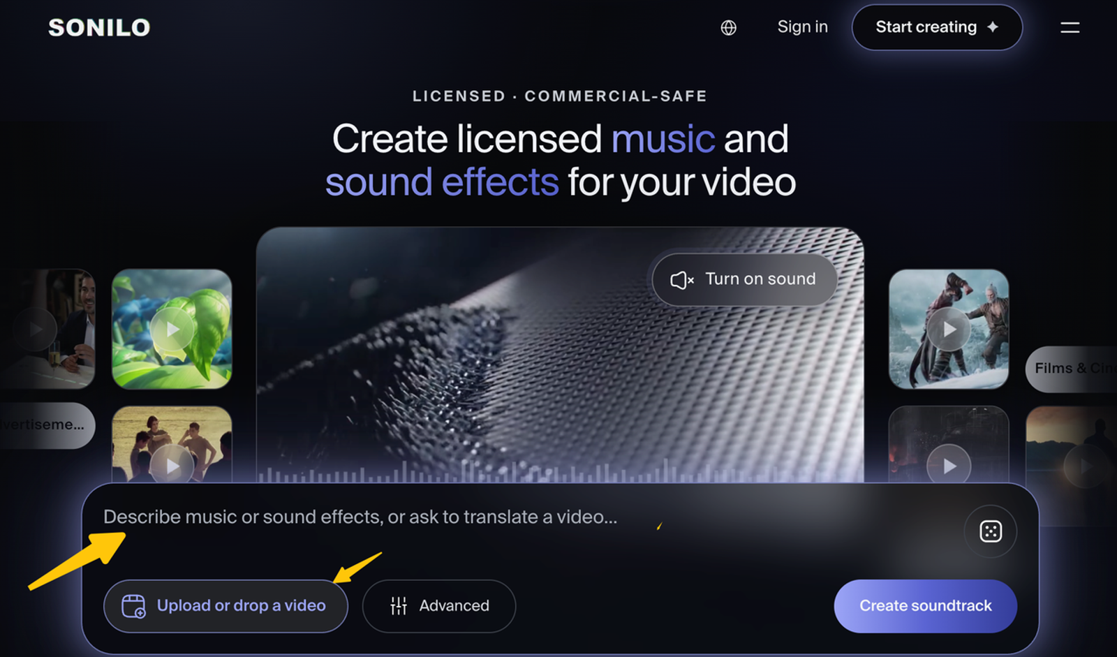Sonilo dashboard illustrating how creators can easily ai add sound, licensed music, and sound effects.