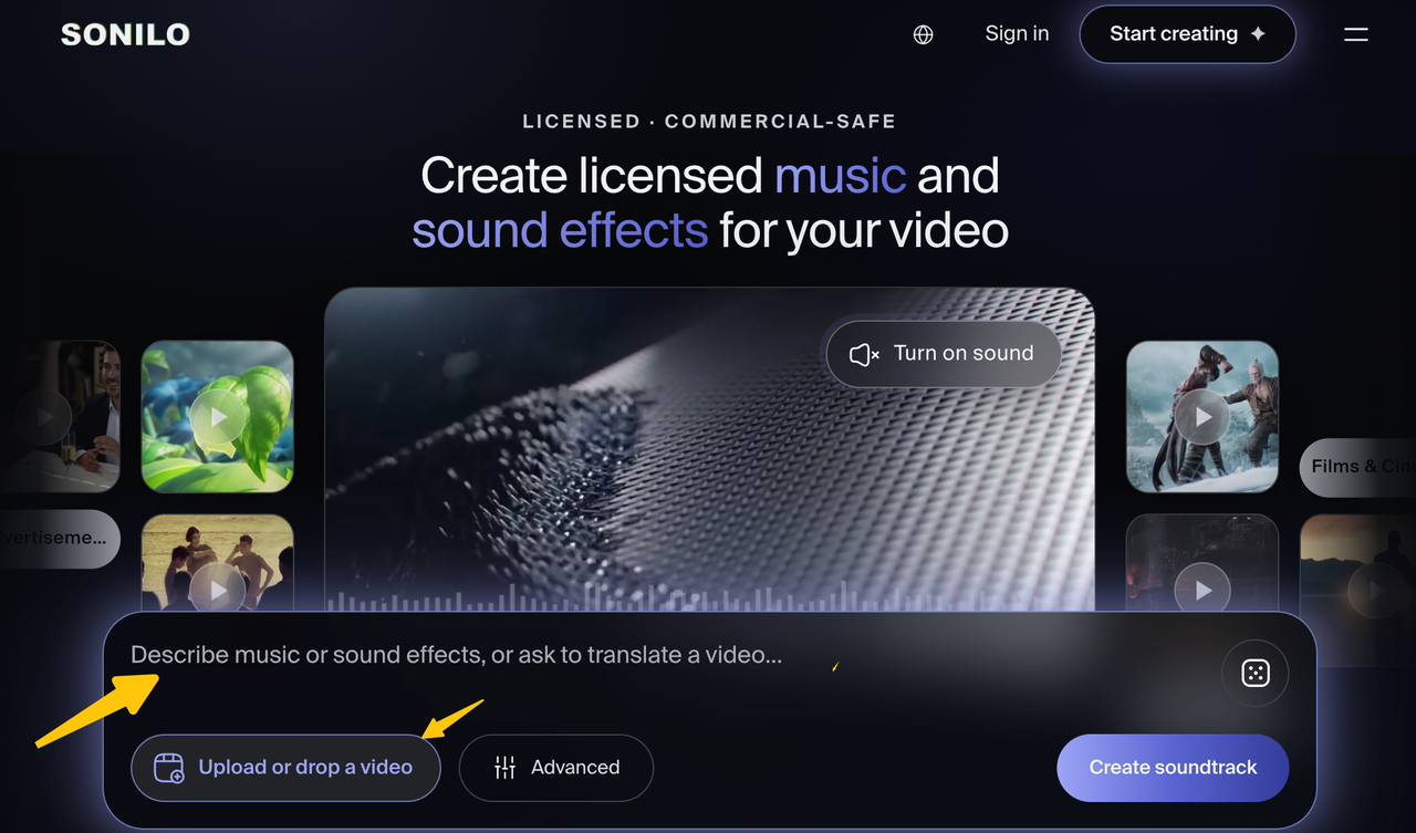 Sonilo dashboard illustrating how creators can easily ai add sound, licensed music, and sound effects.