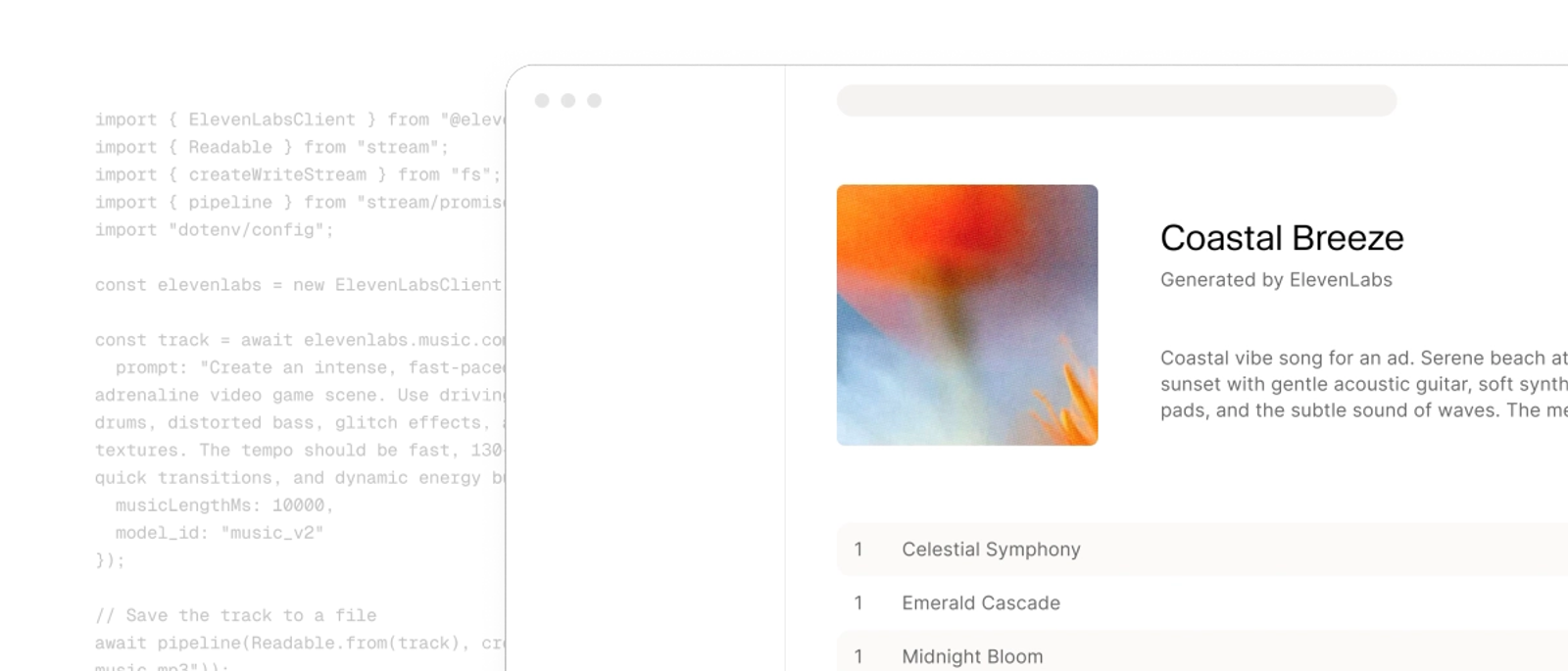 ElevenLabs code snippet and audio player, highlighting the best AI music generators for games for modern devs.