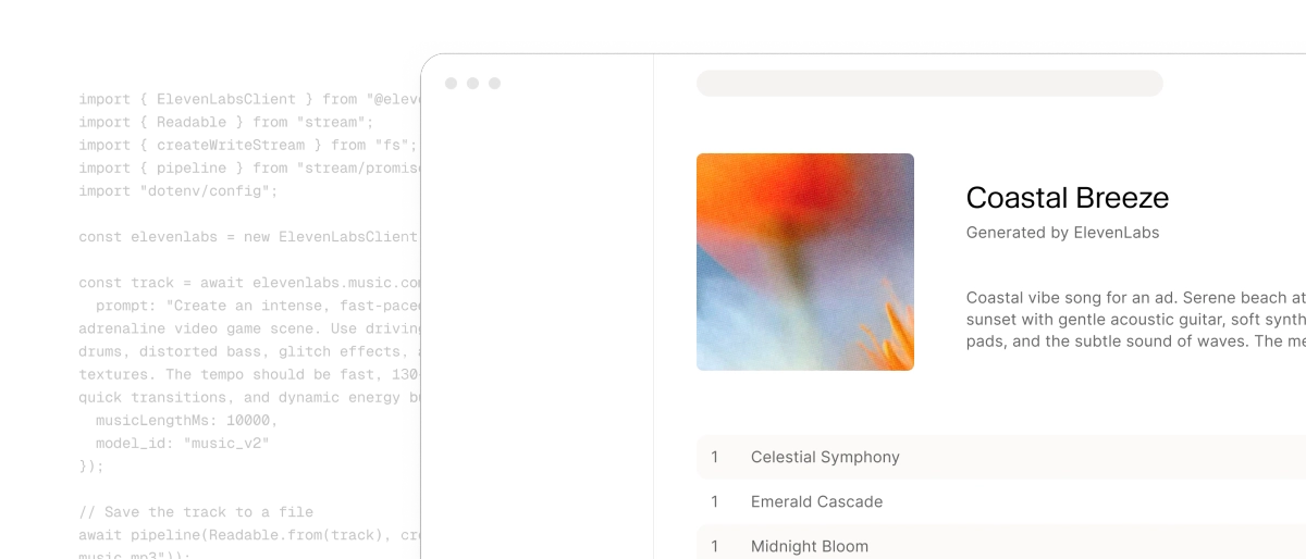 ElevenLabs code snippet and audio player, highlighting the best AI music generators for games for modern devs.