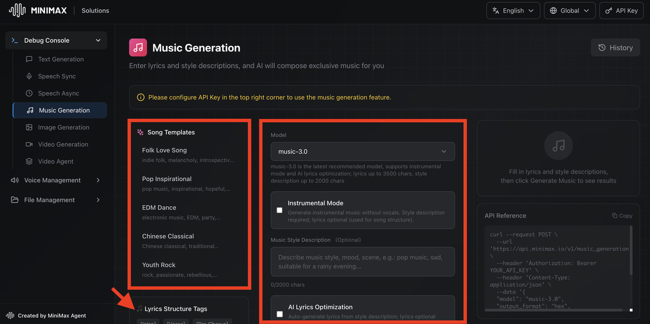 Dark-mode MiniMax Debug Console showing the Music Generation tab, featuring song templates, model selection for music-3.0, instrumental toggles, and lyrics structure tags.