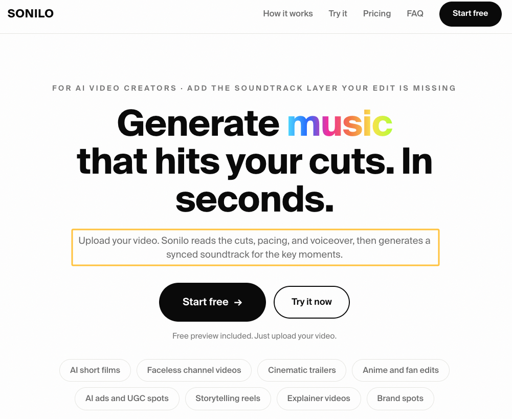 Sonilo website banner included in best ai music generation tools 2026 for creators.