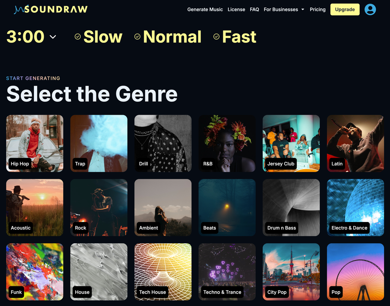 Soundraw AI music generator's genre selection screen, showing a grid of different music styles.