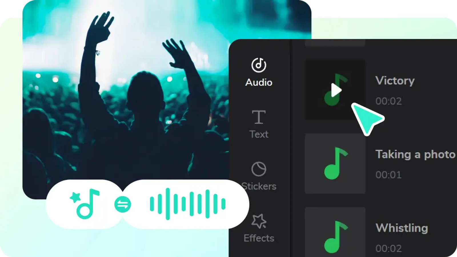 CapCut's audio library showing options like 'Victory'. Cursor hovers. This shows how to add sound effects on capcut.