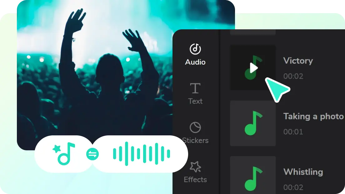 CapCut's audio library showing options like 'Victory'. Cursor hovers. This shows how to add sound effects on capcut.
