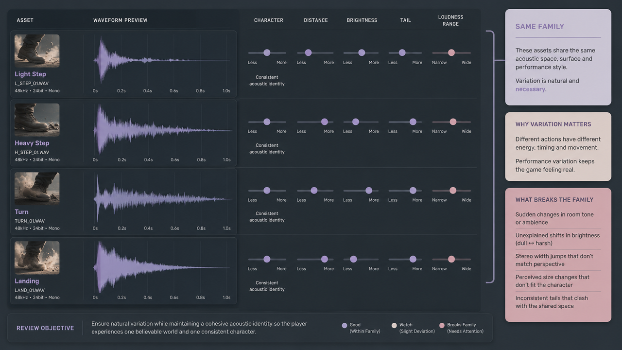 Dashboard analyzing acoustic identity and variations in footstep sound effects for games to ensure cohesive environments.