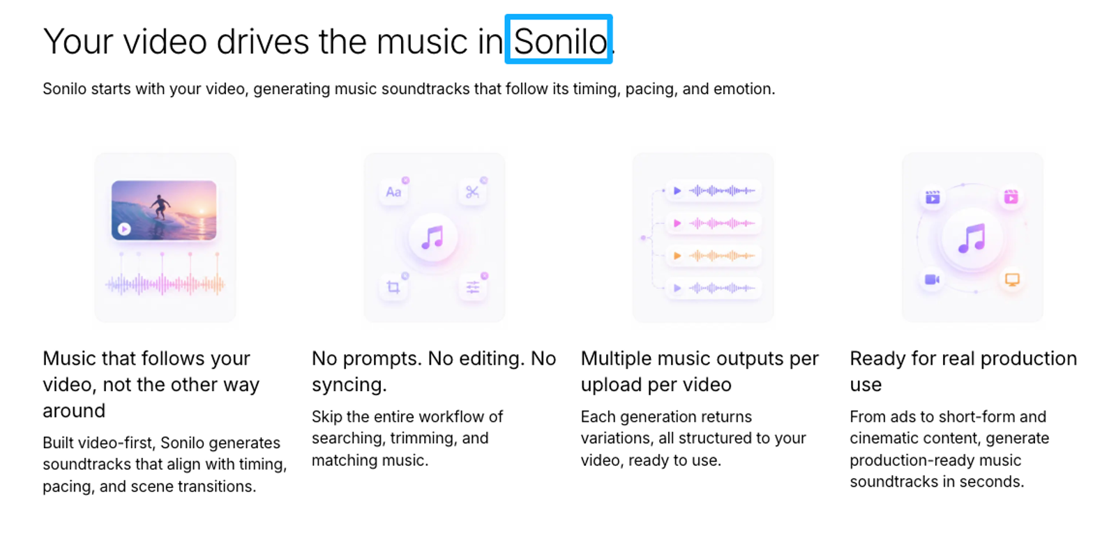 Sonilo AI platform interface generating custom soundtracks as a method of adding music to a video.