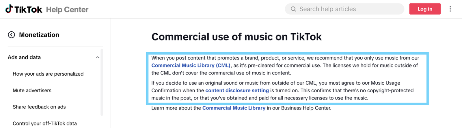 Screenshot of TikTok Help Center documentation explaining guidelines for commercial music use and licensing requirements for branded content.