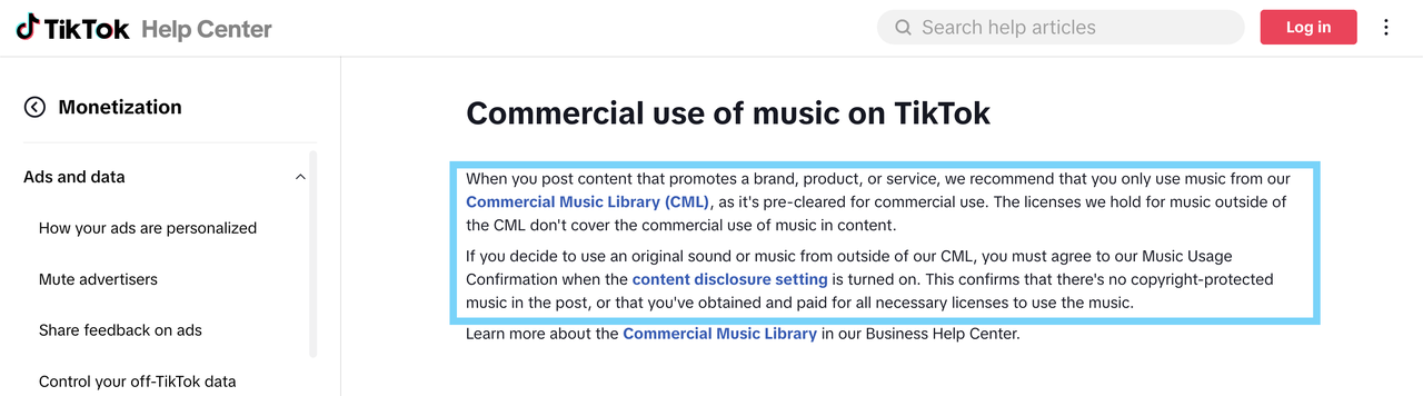 Screenshot of TikTok Help Center documentation explaining guidelines for commercial music use and licensing requirements for branded content.