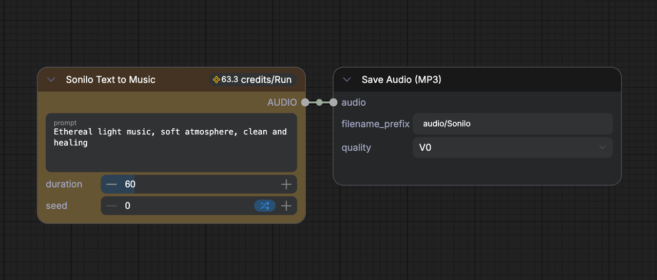 Close-up of the Sonilo ComfyUI text to music node generating ethereal light music and saving it as an MP3 file.