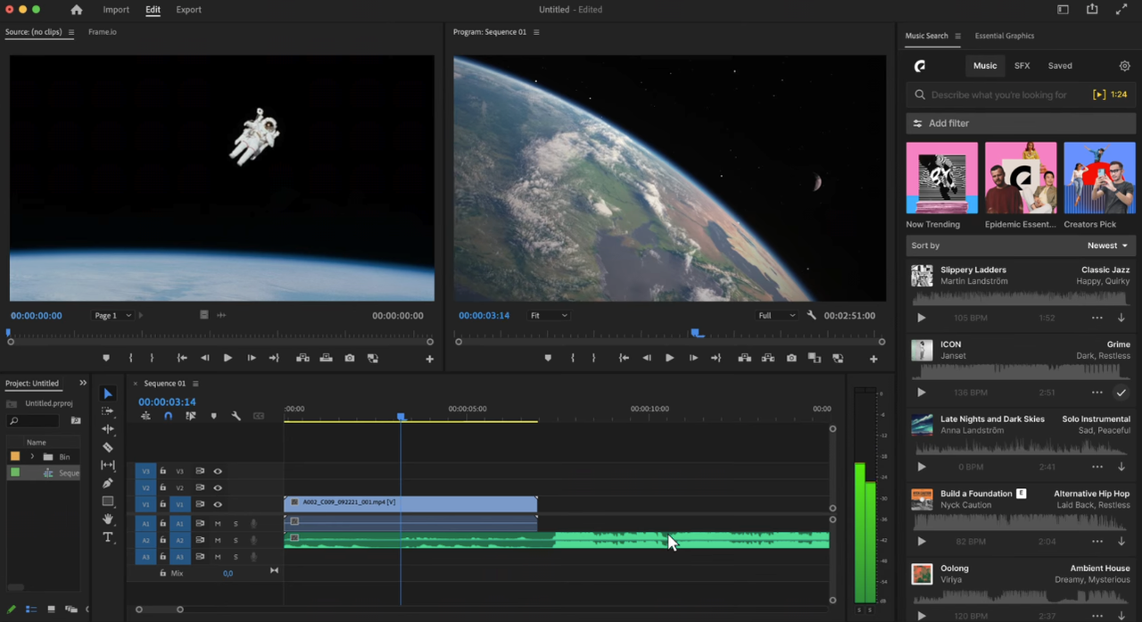 Epidemic Sound alternative consideration: Premiere Pro extension showing music search integration.