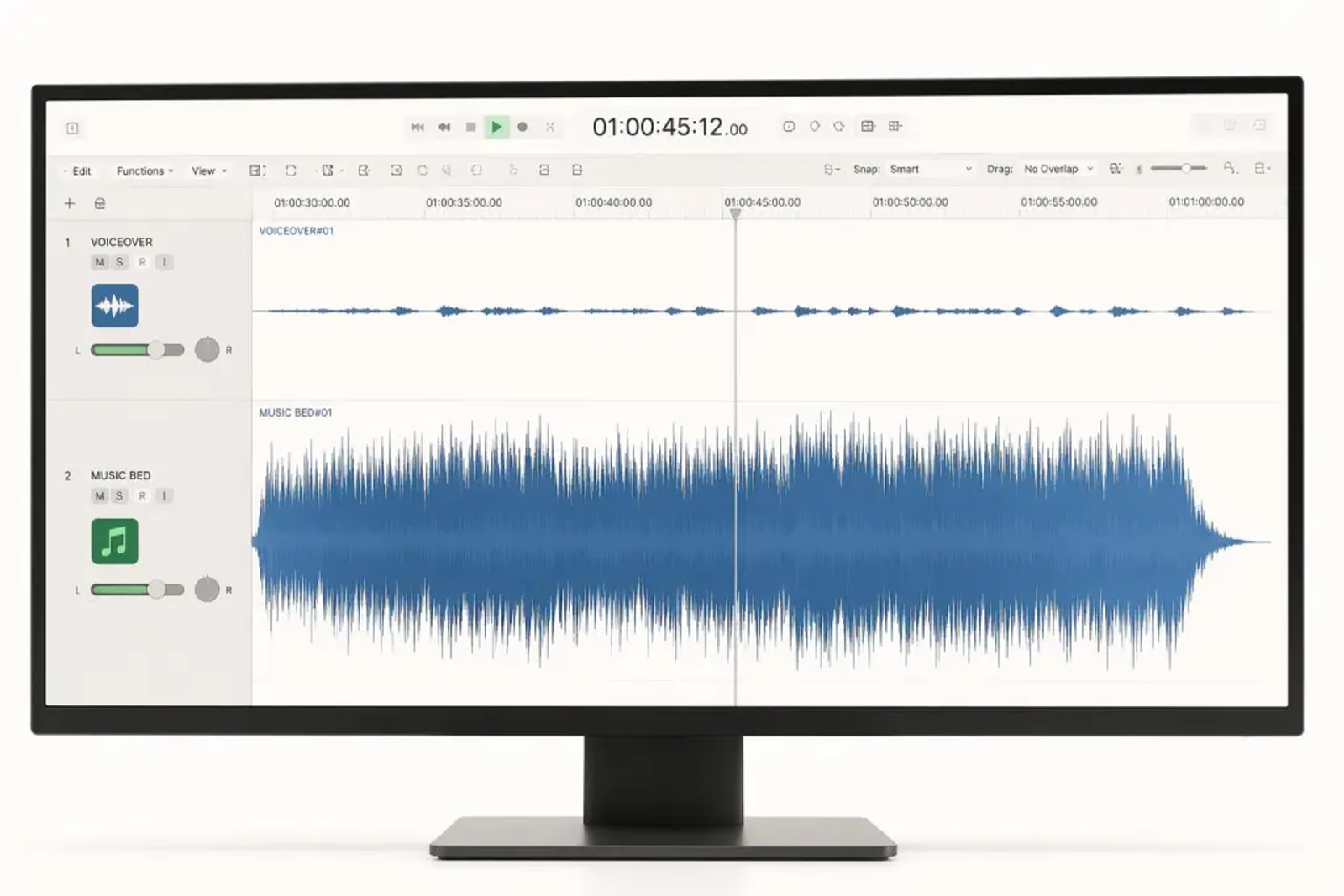Audio software interface showing voiceover tracks mixed with background music for interview videos.