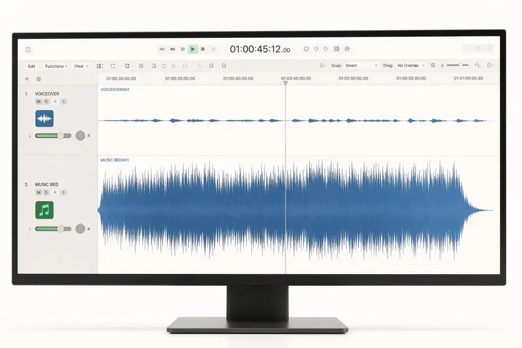 Audio software interface showing voiceover tracks mixed with background music for interview videos.