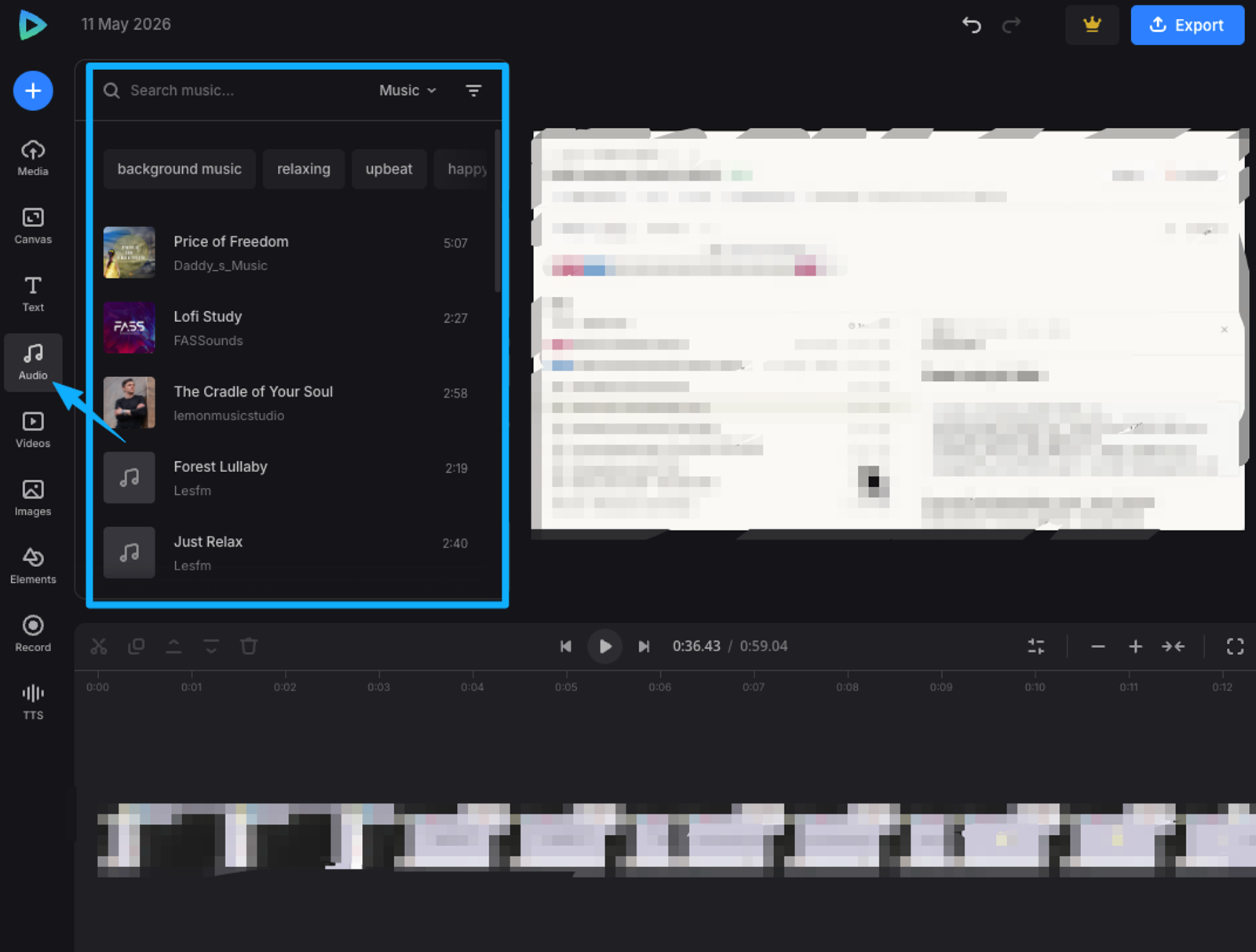 Select the audio tab in CapCut to choose background tracks when solving how to add music to a video on iphone easily.