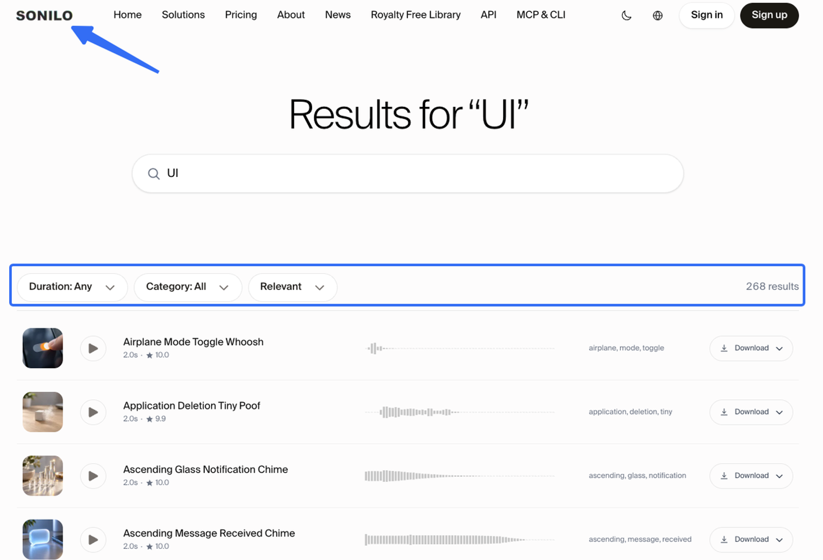 Sonilo audio platform interface showing search results for free ui sound effects with filter options.
