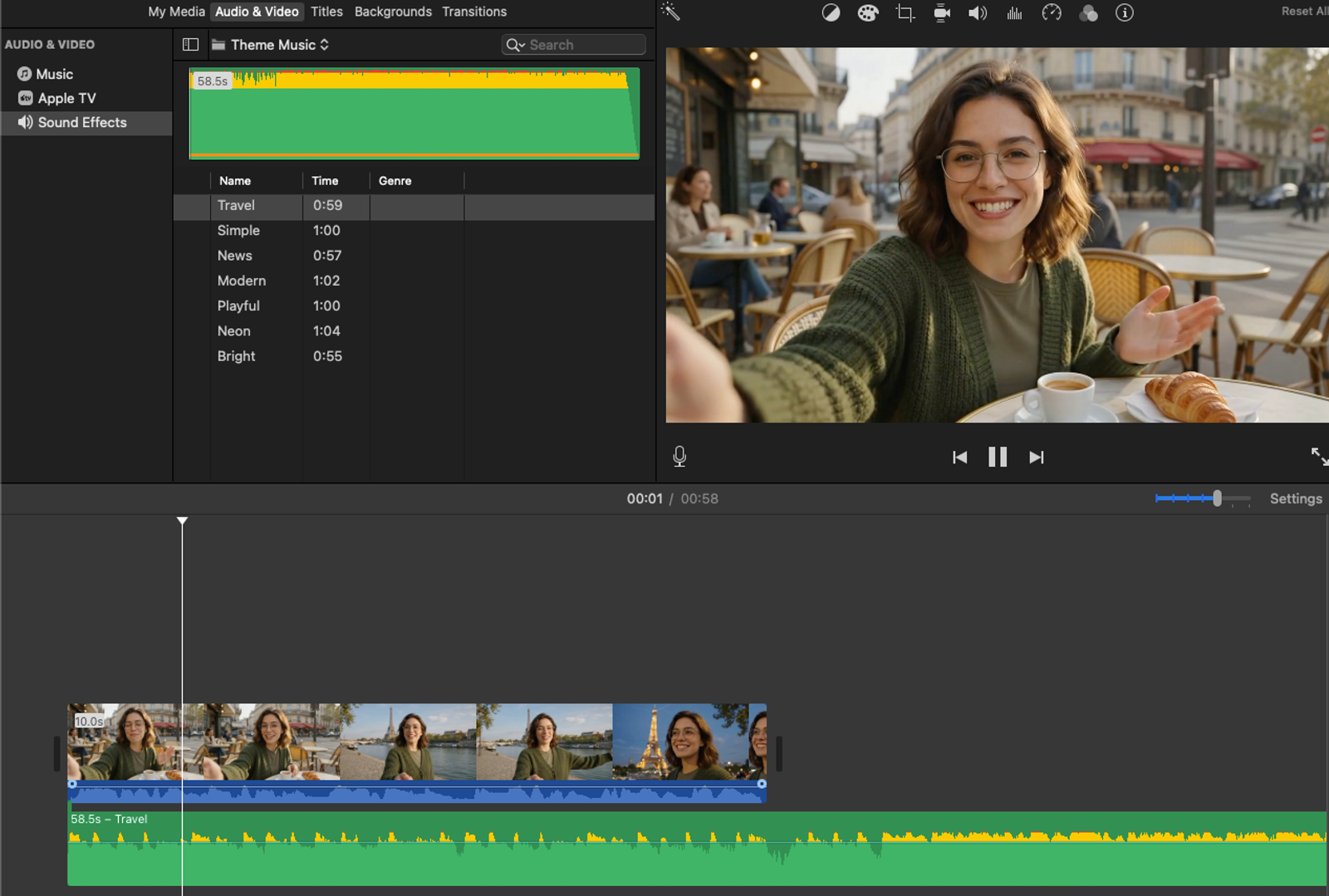 Master how to add music for video by dragging theme tracks onto your iMovie timeline to match your footage perfectly.