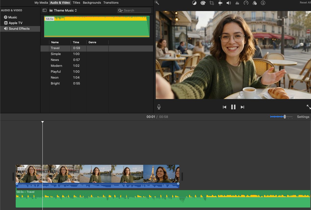 Master how to add music for video by dragging theme tracks onto your iMovie timeline to match your footage perfectly.