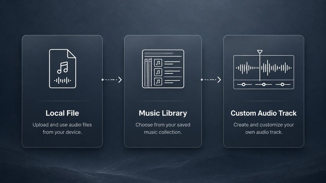 Three-panel diagram illustrating options to import audio via Local File, Music Library, or Custom Audio Track.