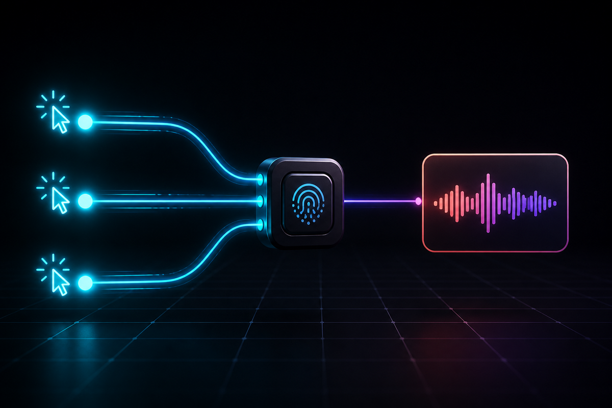 Three duplicate API request paths converge through one fingerprint key into a single audio waveform job.