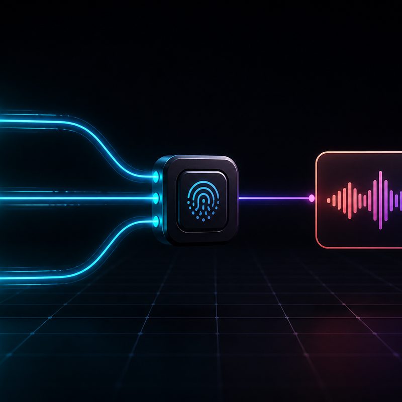Three duplicate API request paths converge through one fingerprint key into a single audio waveform job.
