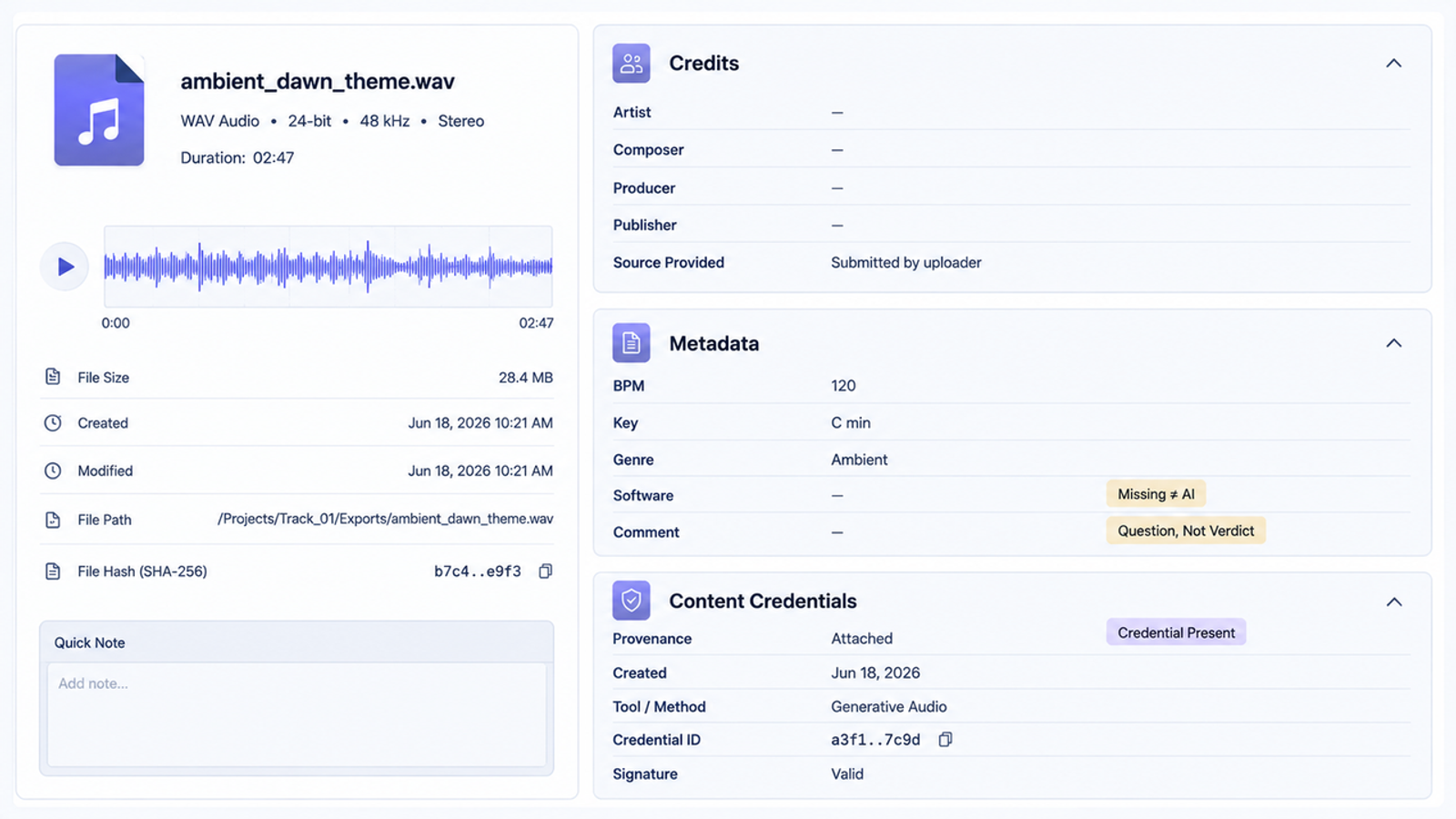 Inspect audio file metadata to check music to see if its ai generated or not with tools.