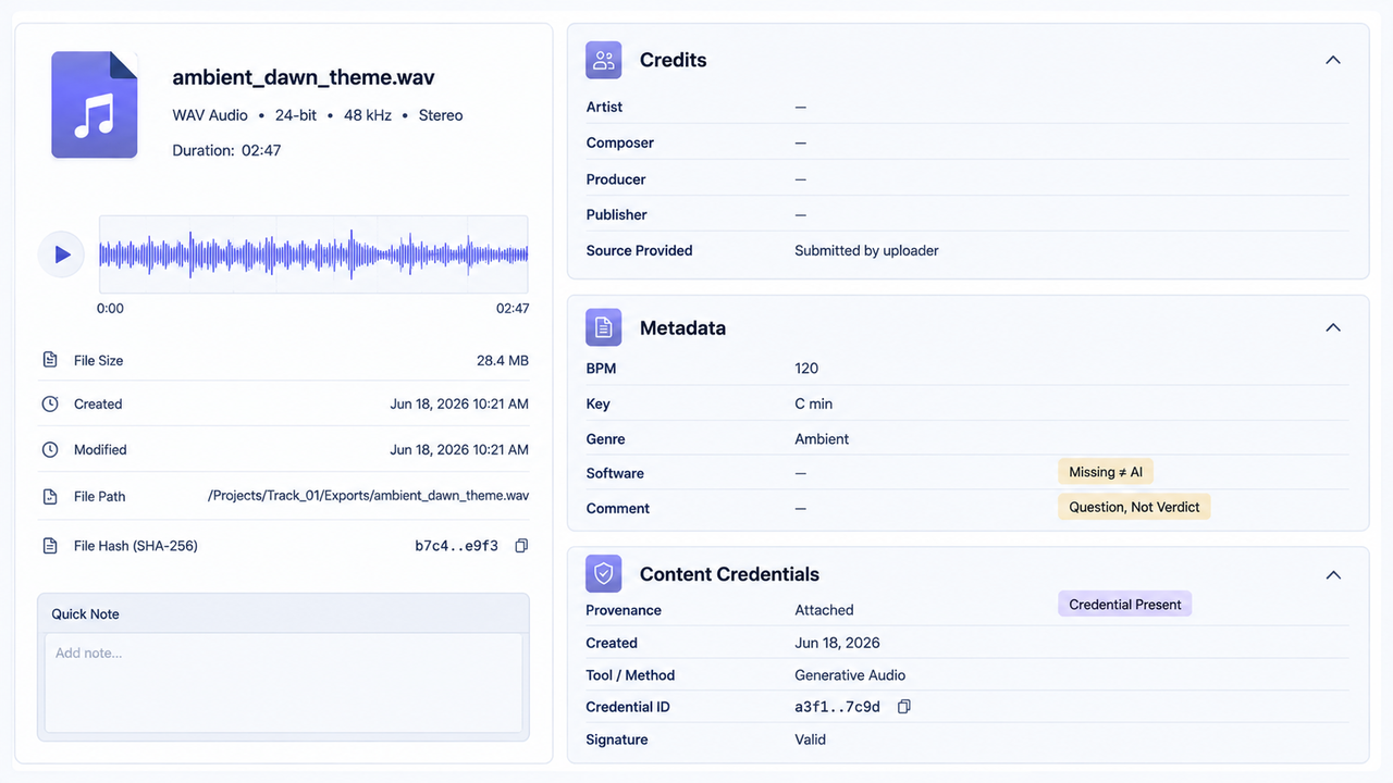 Inspect audio file metadata to check music to see if its ai generated or not with tools.