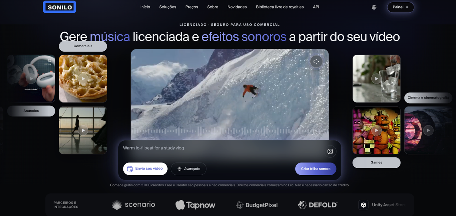 Site do Sonilo com recursos para adicionar efeitos sonoros ao vídeo com IA de forma comercial.