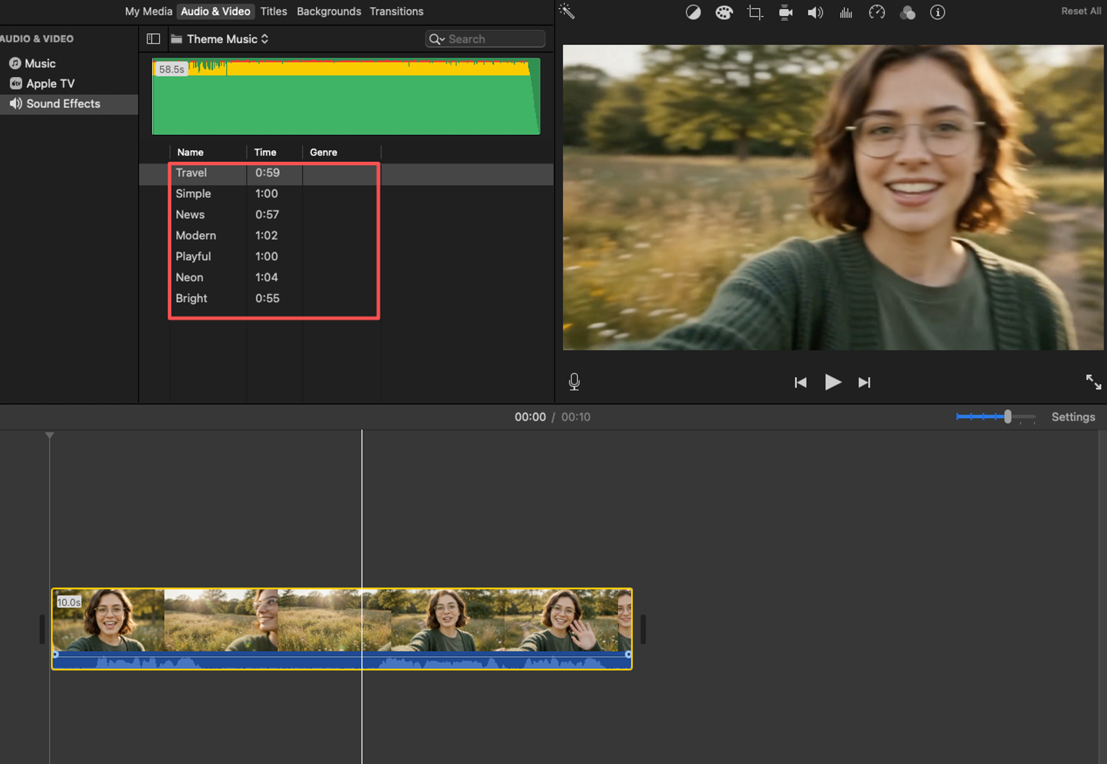 Step-by-step tutorial showing how to add music to my video using theme music library in video editor with travel, playful, and bright tracks.